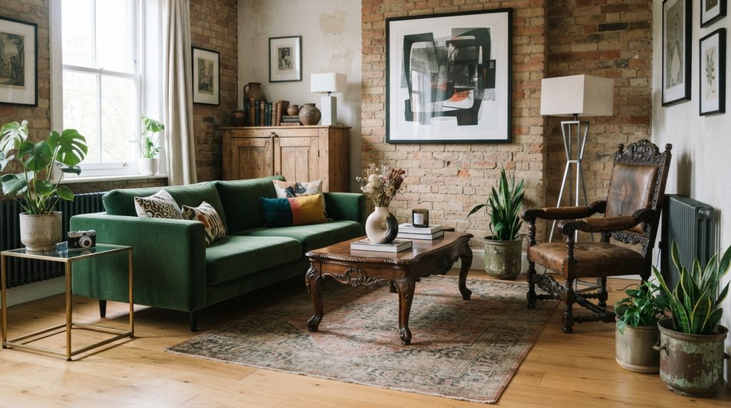 Obraz przedstawia przytulny, elegancki salon urządzony w stylu eklektycznym, w którym harmonijnie połączono nowoczesne elementy z elementami vintage i tradycyjnymi