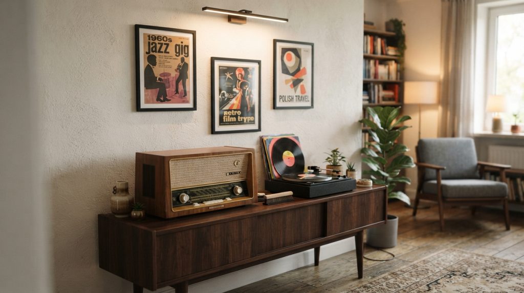 Na tym obrazie widać nowoczesne, eleganckie wnętrze salonu urządzone w stylu łączącym retro z nowoczesnością